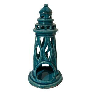 Large Volcano Glaze Turquoise Lighthouse Candle Holder Lantern Coastal Decor